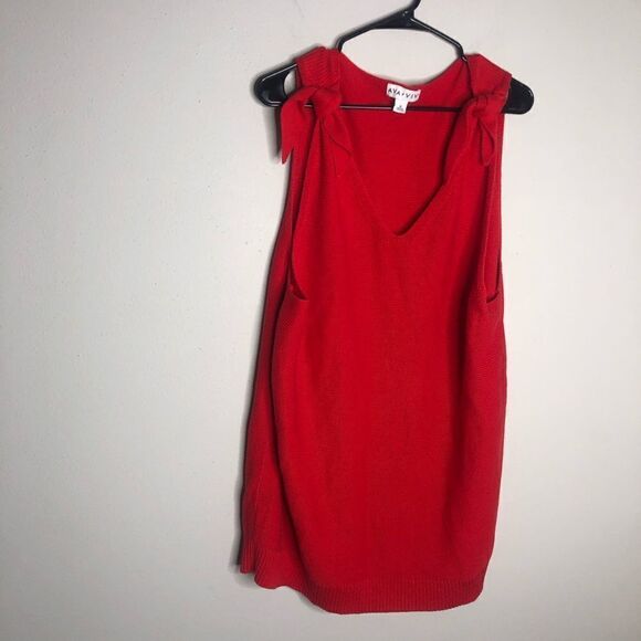 2/$30 Ava & Viv Cherry Red V-Neck Sweater Tie Shoulder Knit Tank - Picture 2 of 10